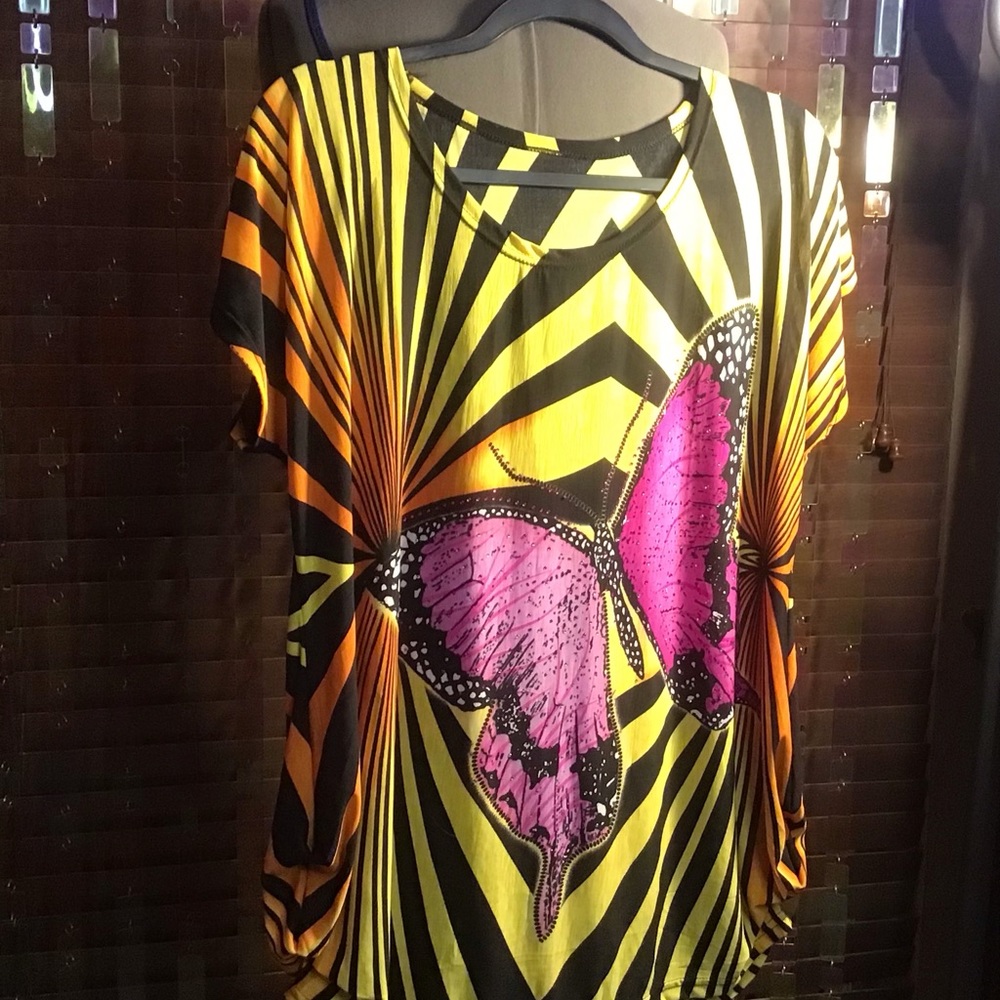 Med Butterfly & Rhinestones. Tunic. Black Yellow Purple Pink Orange